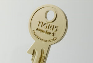 A 3d render of gold Tigris Premier 4 key. on a simple neutral background. Engraved within the metal of the key reads 'TIGRIS Premier 4 Patent Protected'.